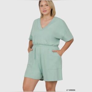 Lt Green Plus Size Drop Shoulder V-Neck Romper with Pockets